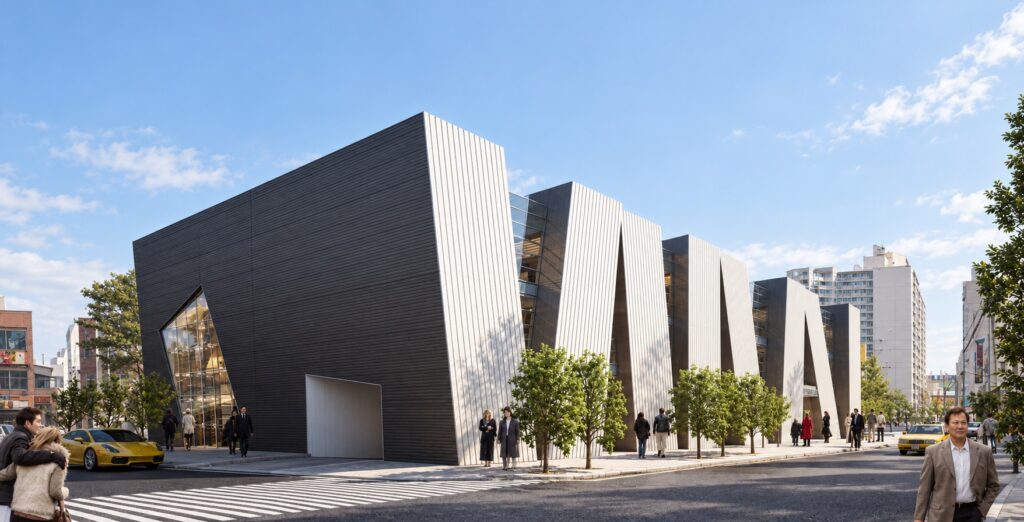 AI-enhanced exterior visualization of TheeAe’s unbuilt Gosan Library competition proposal, side view.