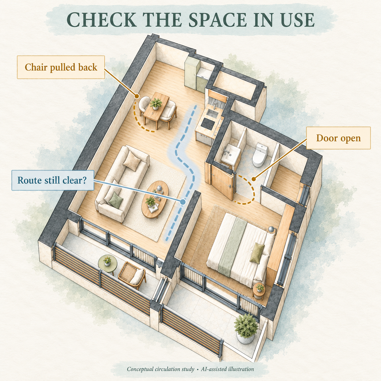 Check the space in use: pastel apartment cutaway with a blue dashed walking route and marked zones for a pulled-back dining chair and an open bathroom door.
