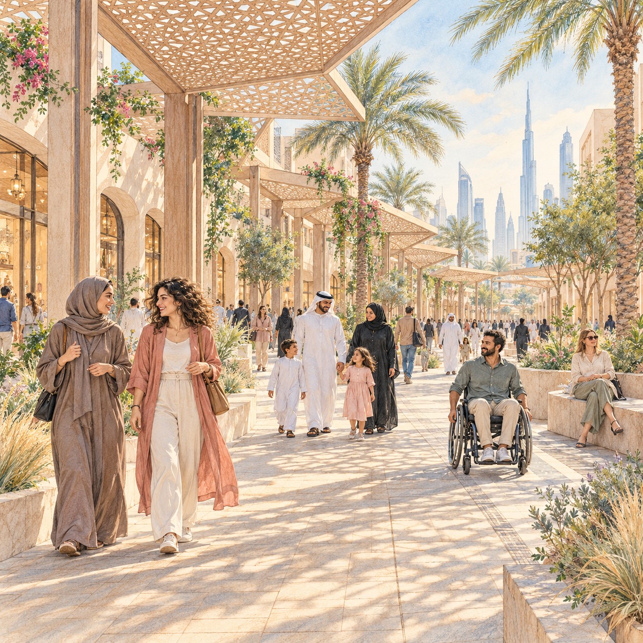 Conceptual Dubai-inspired pedestrian street with patterned shade canopies, palms, families walking, a wheelchair user and seating.