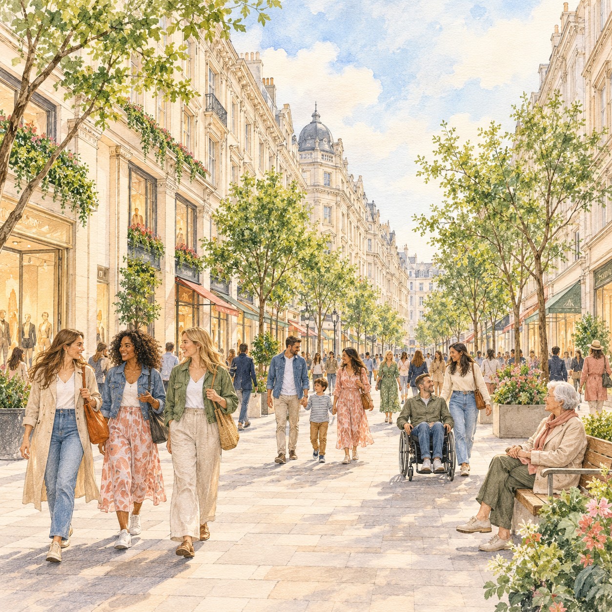 Conceptual car-free shopping street with trees, people walking, a wheelchair user and an older person resting on a bench.