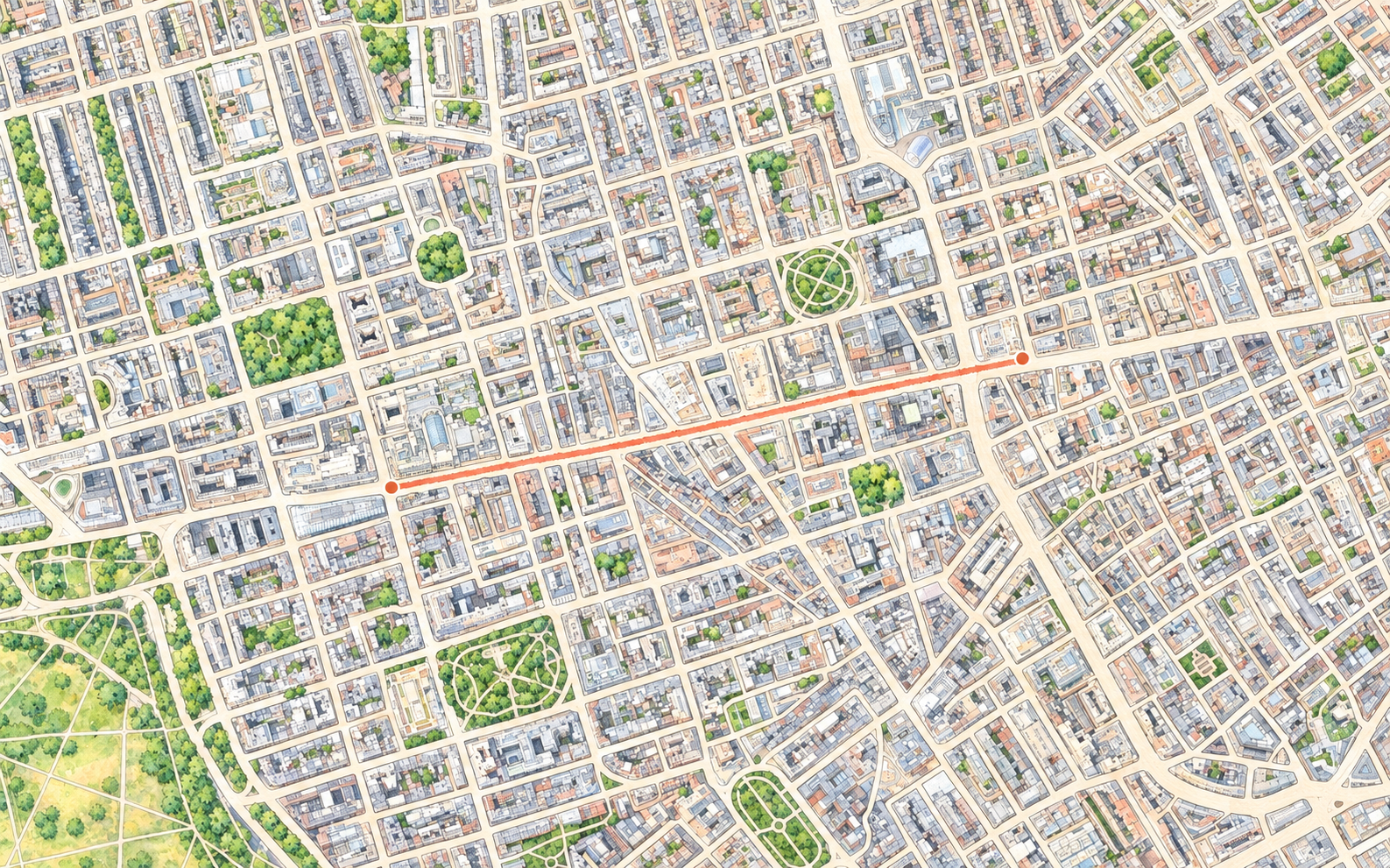Illustrative close-up of city blocks and parks around Oxford Street, with an orange line marking the corridor.