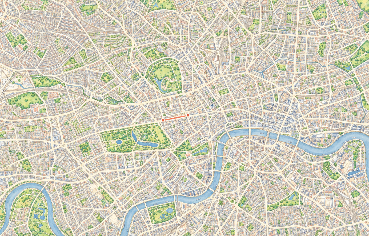 Illustrative pastel overview of central London, showing the River Thames, parks and a highlighted Oxford Street corridor.