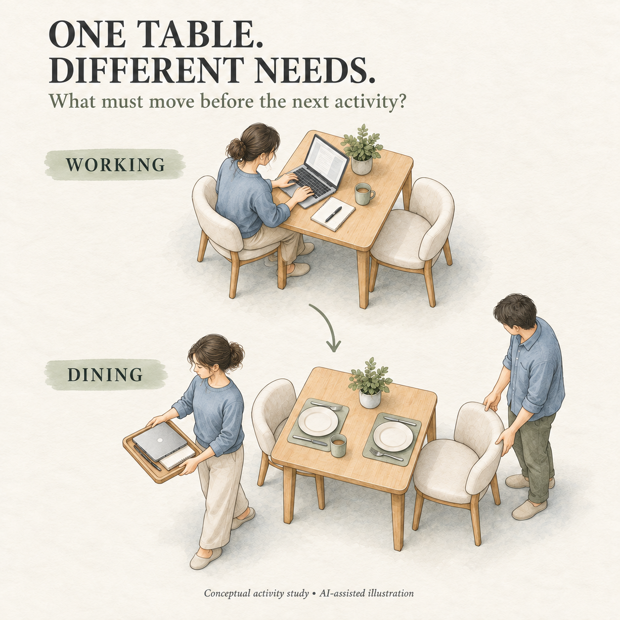 One table, different needs: a woman works at a laptop, then carries work materials away while the table is set for two diners. Conceptual illustration.