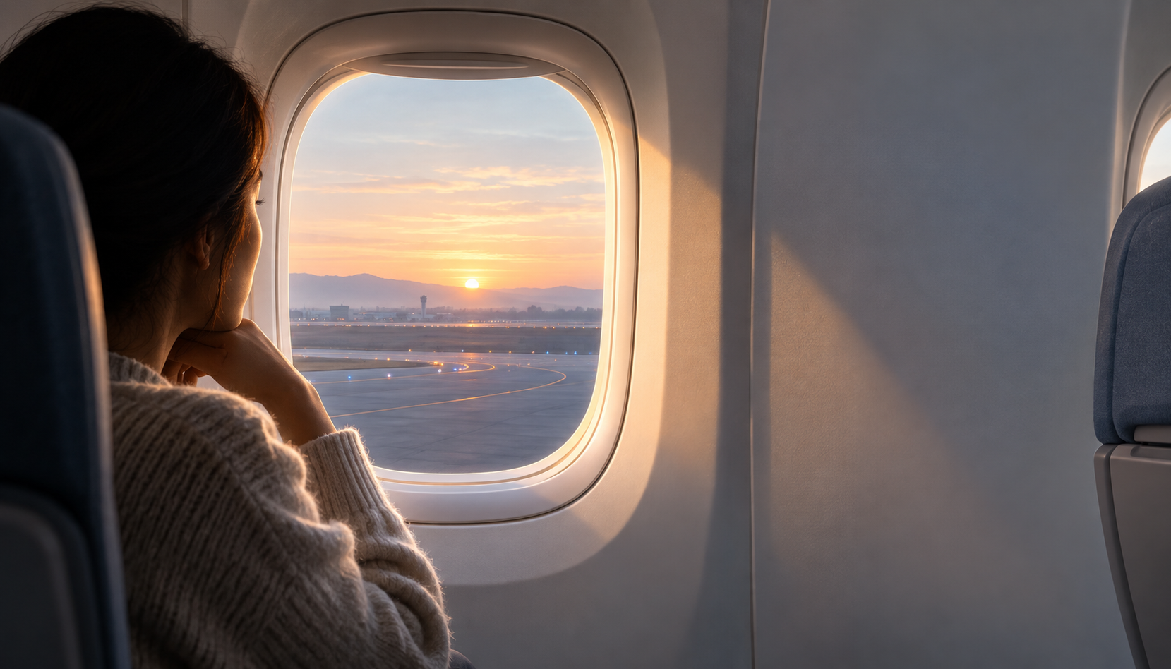 Illustration of a passenger looking through an airplane window toward a quiet runway at dawn.