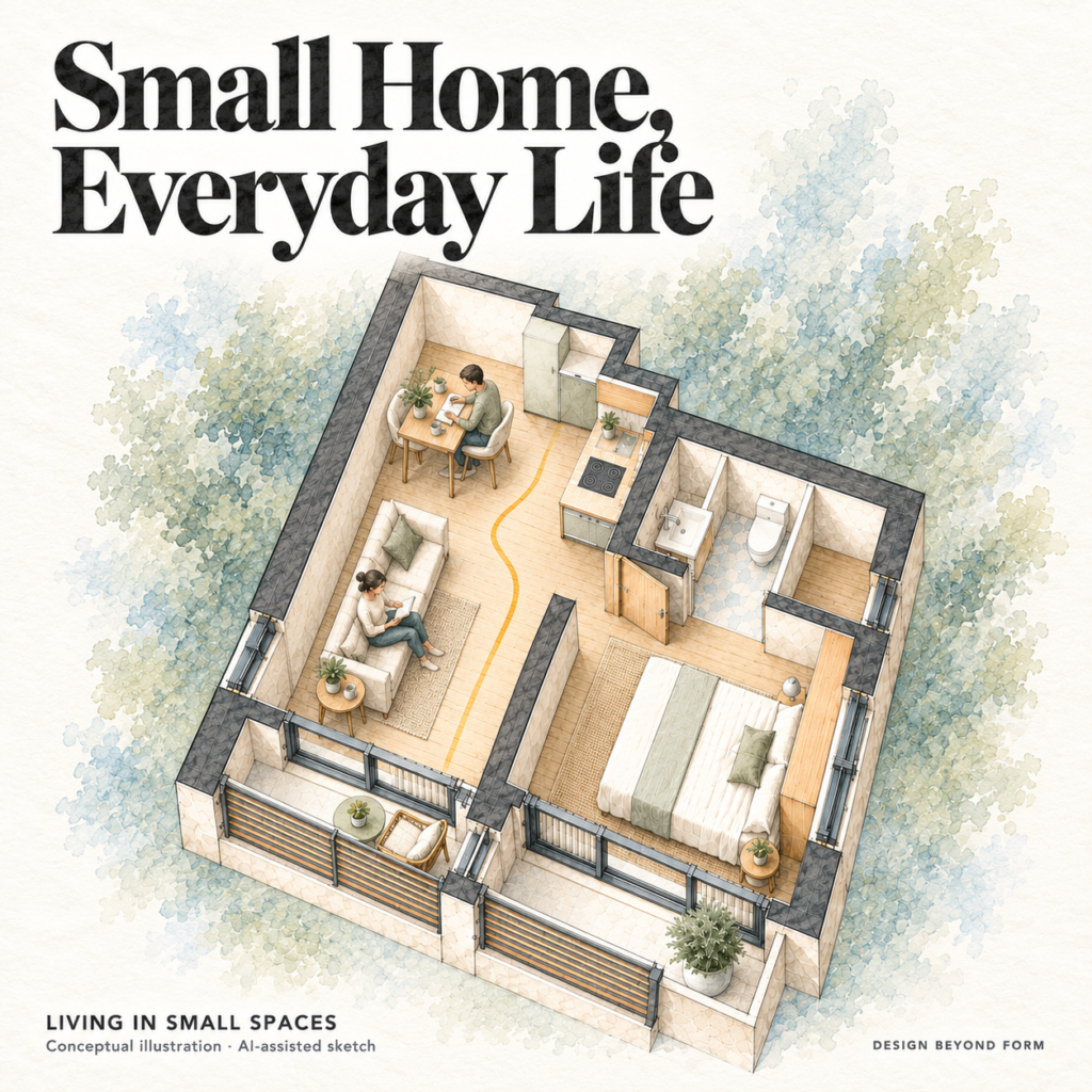 Small Home, Everyday Life: pastel conceptual cutaway of a compact apartment with a narrow living area, clear route beside the sofa, separate bedroom and balcony.