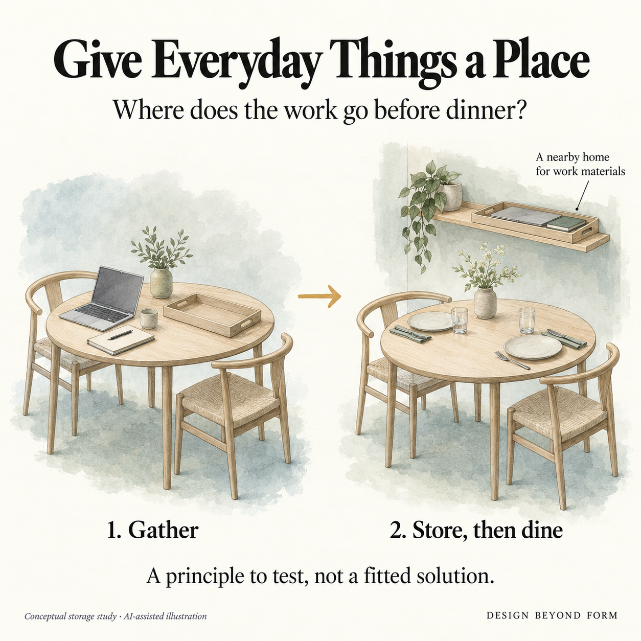 Conceptual two-panel study: laptop and notebook are gathered onto a tray and placed on a nearby shelf before the table is set for dining.