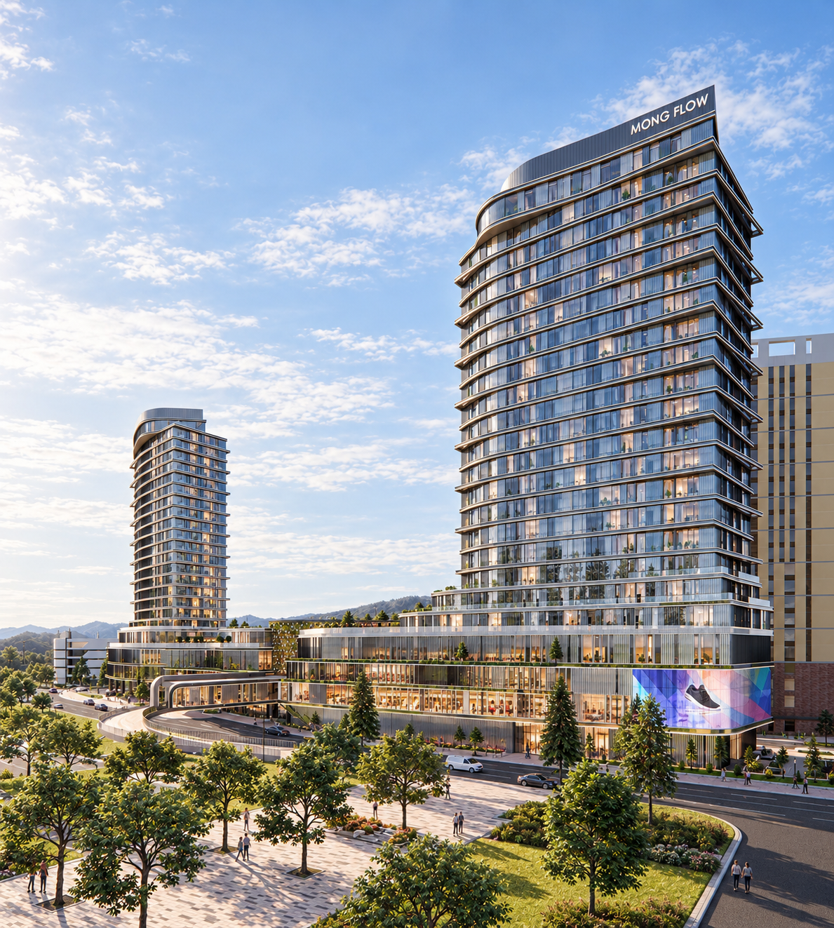AI-enhanced architectural visualization of Mongflow Skypark residential towers above a retail podium, viewed from the east in daylight.