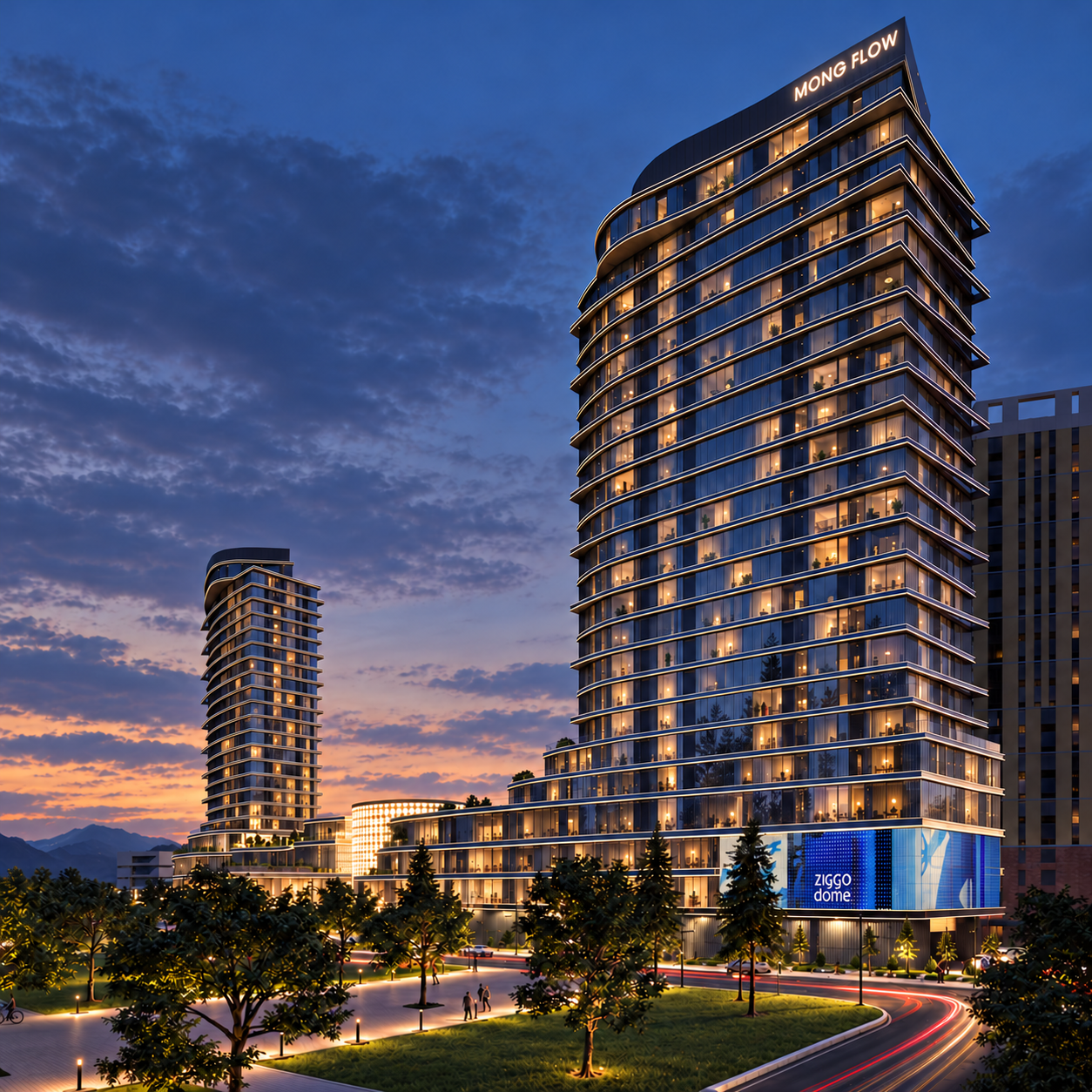 AI-enhanced architectural visualization of Mongflow Skypark residential towers above a retail podium at dusk, viewed from the landscaped park.