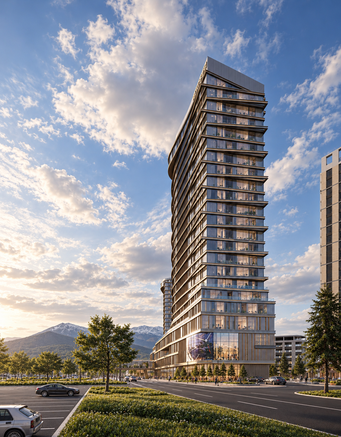 AI-enhanced architectural visualization of Mongflow Skypark residential towers above a retail podium, viewed from the north beside the roadway.