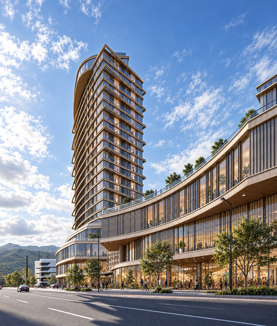 AI-enhanced architectural visualization of Mongflow Skypark residential towers above a curved retail podium, viewed from the southeast at street level.