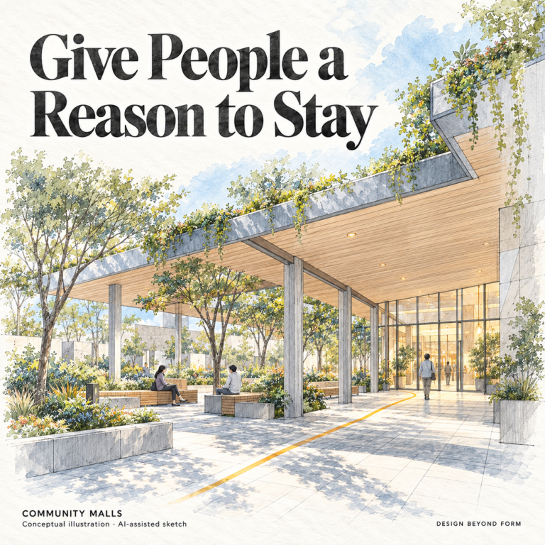 AI-assisted sketch. Conceptual pencil-and-watercolor sketch of a community mall approach. A deep canopy shelters a continuous walking route, planted edges and public benches leading toward a glazed entrance. Headline: Give People a Reason to Stay.