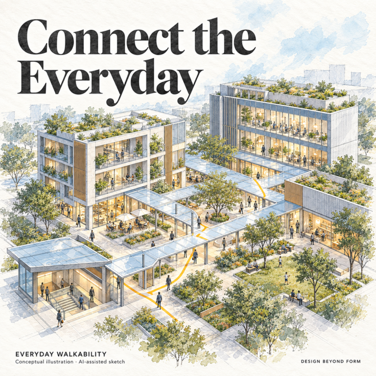AI-assisted sketch. Conceptual architectural watercolor of a compact neighborhood with homes, workplaces, a café, a small park and a Metro entrance connected by continuous pedestrian galleries. An ochre editorial route traces the connections. Headline: Connect the Everyday.