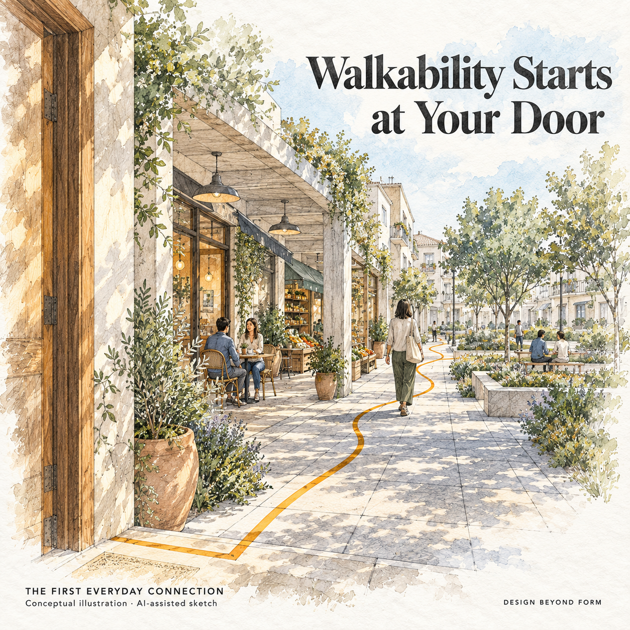 AI-assisted sketch. Conceptual architectural sketch viewed from an open residential doorway toward a shaded café, grocery frontage and small public square. An ochre editorial route follows the pavement. Headline: Walkability Starts at Your Door.