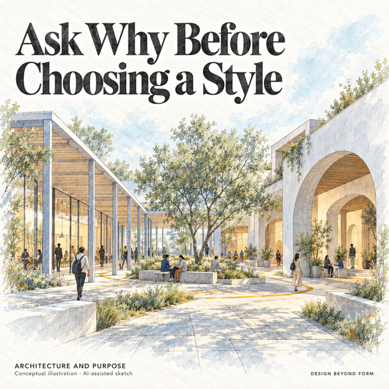 AI-assisted sketch. Conceptual pencil-and-watercolor drawing of one civic courtyard shared by a simple post-and-beam porch and a layered arched porch. People gather around a central tree and benches. Headline: Ask Why Before Choosing a Style.