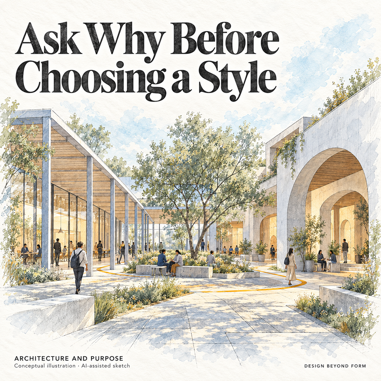 AI-assisted sketch. Conceptual pencil-and-watercolor drawing of one civic courtyard shared by a simple post-and-beam porch and a layered arched porch. People gather around a central tree and benches. Headline: Ask Why Before Choosing a Style.