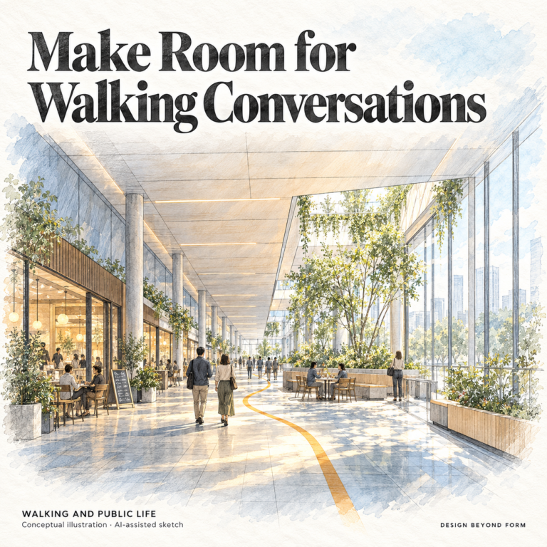 AI-assisted sketch. Conceptual architectural sketch of an indoor public promenade with a continuous canopy, café fronts, a planted lightwell and a widened sitting pocket. Two small people walk side by side. Headline: Make Room for Walking Conversations.