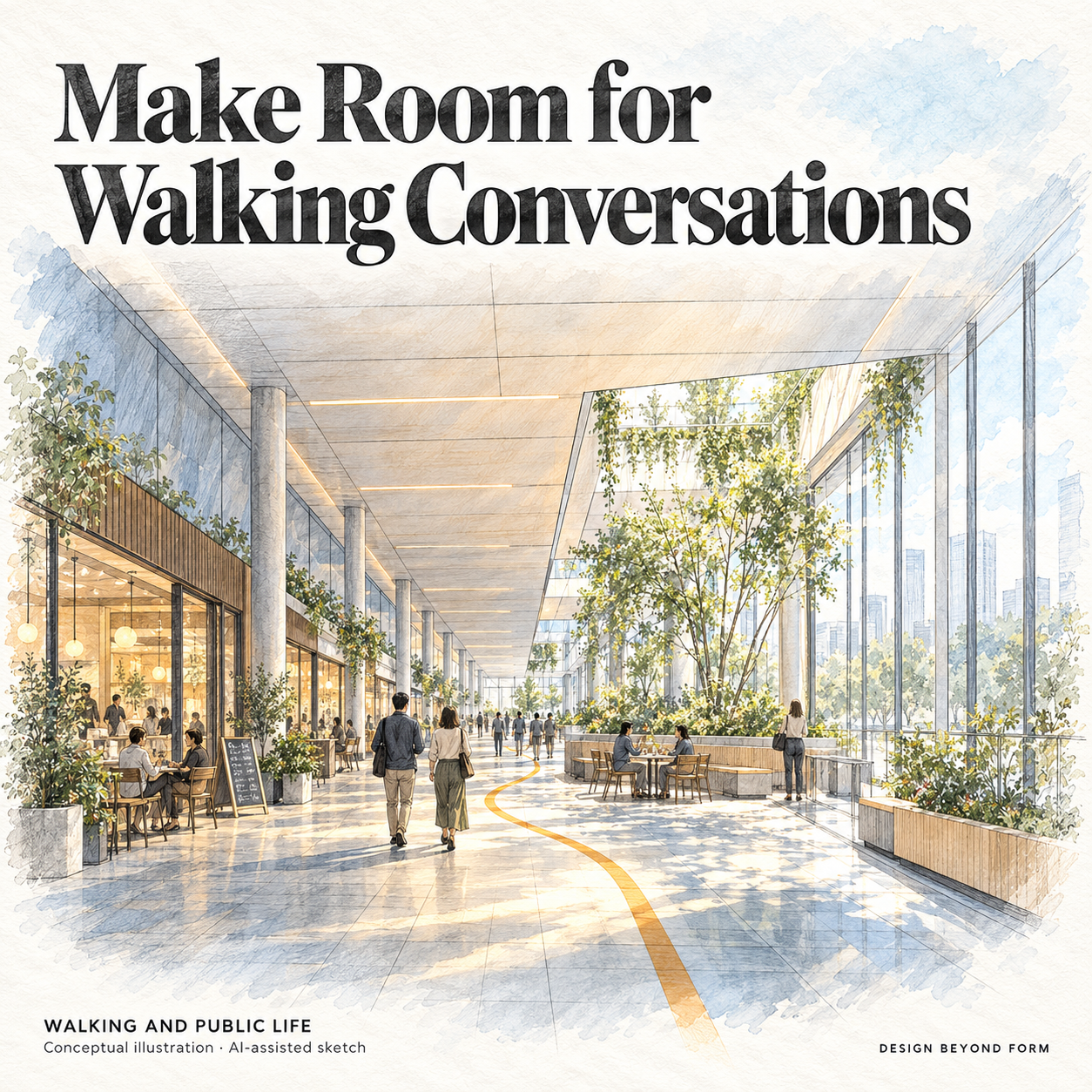 AI-assisted sketch. Conceptual architectural sketch of an indoor public promenade with a continuous canopy, café fronts, a planted lightwell and a widened sitting pocket. Two small people walk side by side. Headline: Make Room for Walking Conversations.