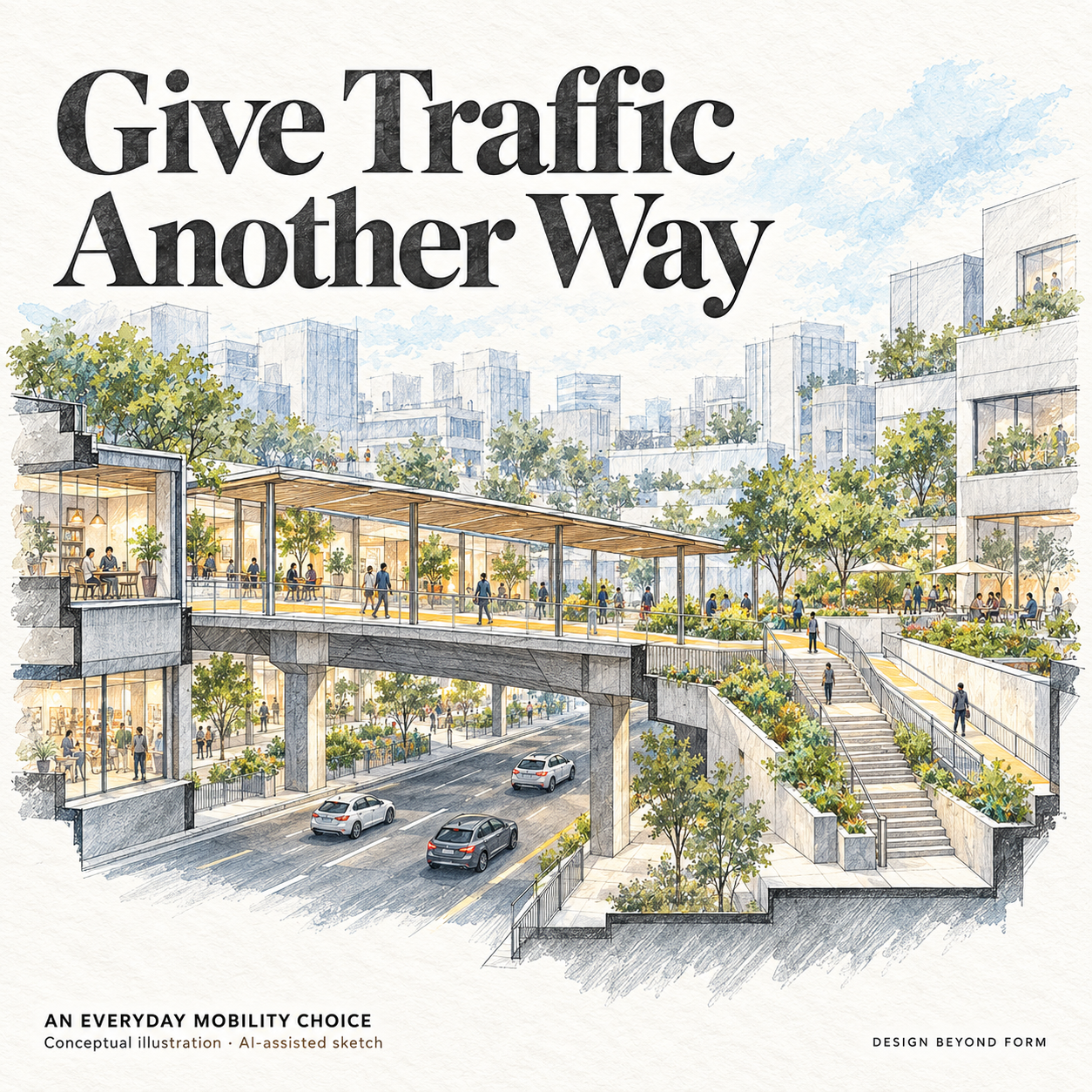 AI-assisted sketch. Conceptual sectional perspective of a covered pedestrian gallery connecting building thresholds above an active road. Stairs, a ramp and a planted terrace connect the gallery to the pavement. Headline: Give Traffic Another Way.