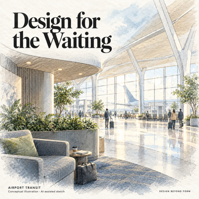 AI-assisted sketch. Conceptual architectural watercolor of a quiet airport seating bay beside a clear concourse. A low canopy, planter and comfortable chair form a sheltered edge; aircraft are visible beyond a tall window. Headline: Design for the Waiting.