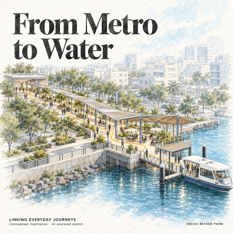 AI-assisted pastel architectural illustration for World Trade Centre to Pearl – Ferry : Masari Walk.