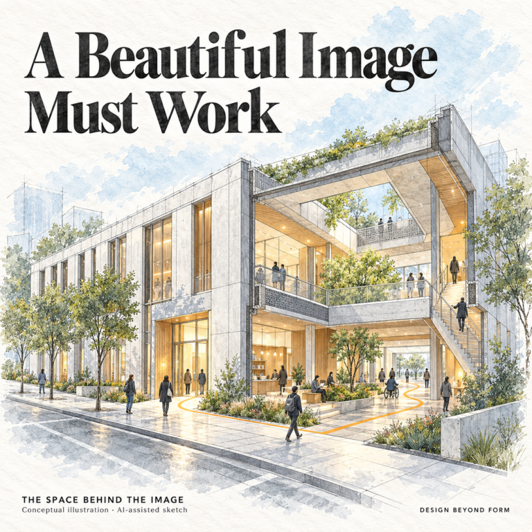 AI-assisted pastel architectural illustration for Are Architects Lying to Us?.