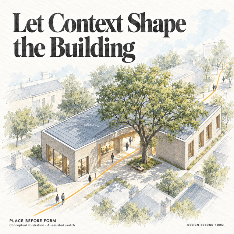 AI-assisted pastel architectural illustration for What is Design Beyond Form.