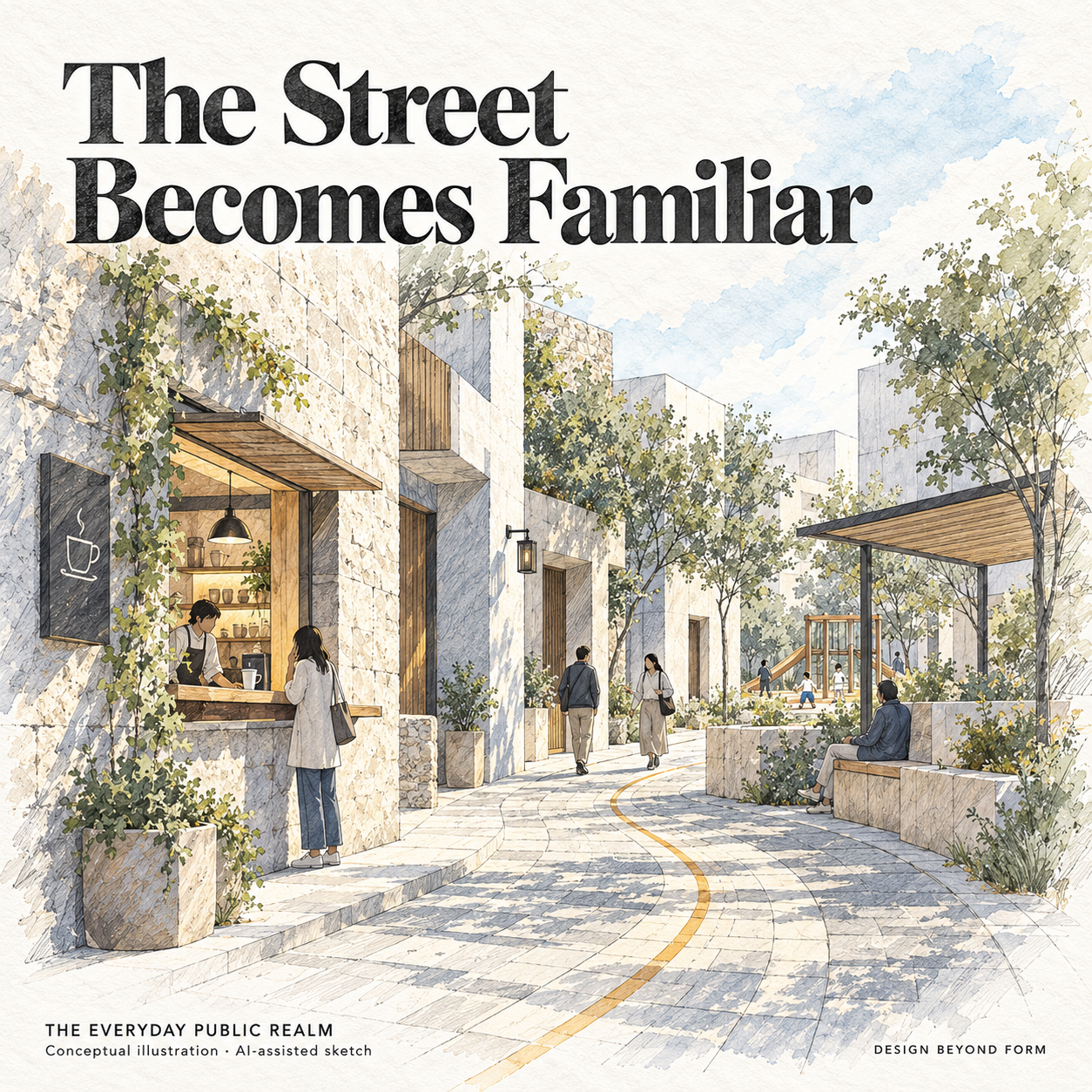 AI-assisted pastel architectural illustration for Walkability.