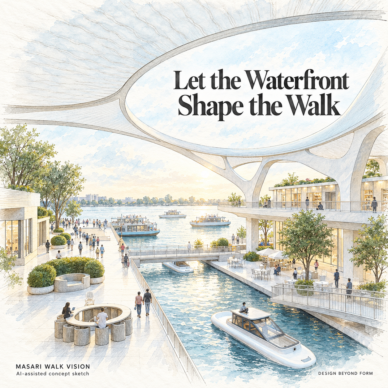 AI-assisted pastel architectural illustration for Masari Walk — A Path Shaped by Context.