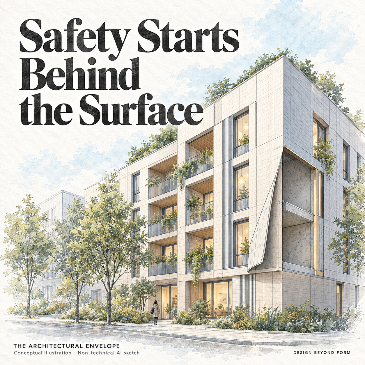 AI-assisted pastel architectural illustration for The Cost of Flammable Façades.