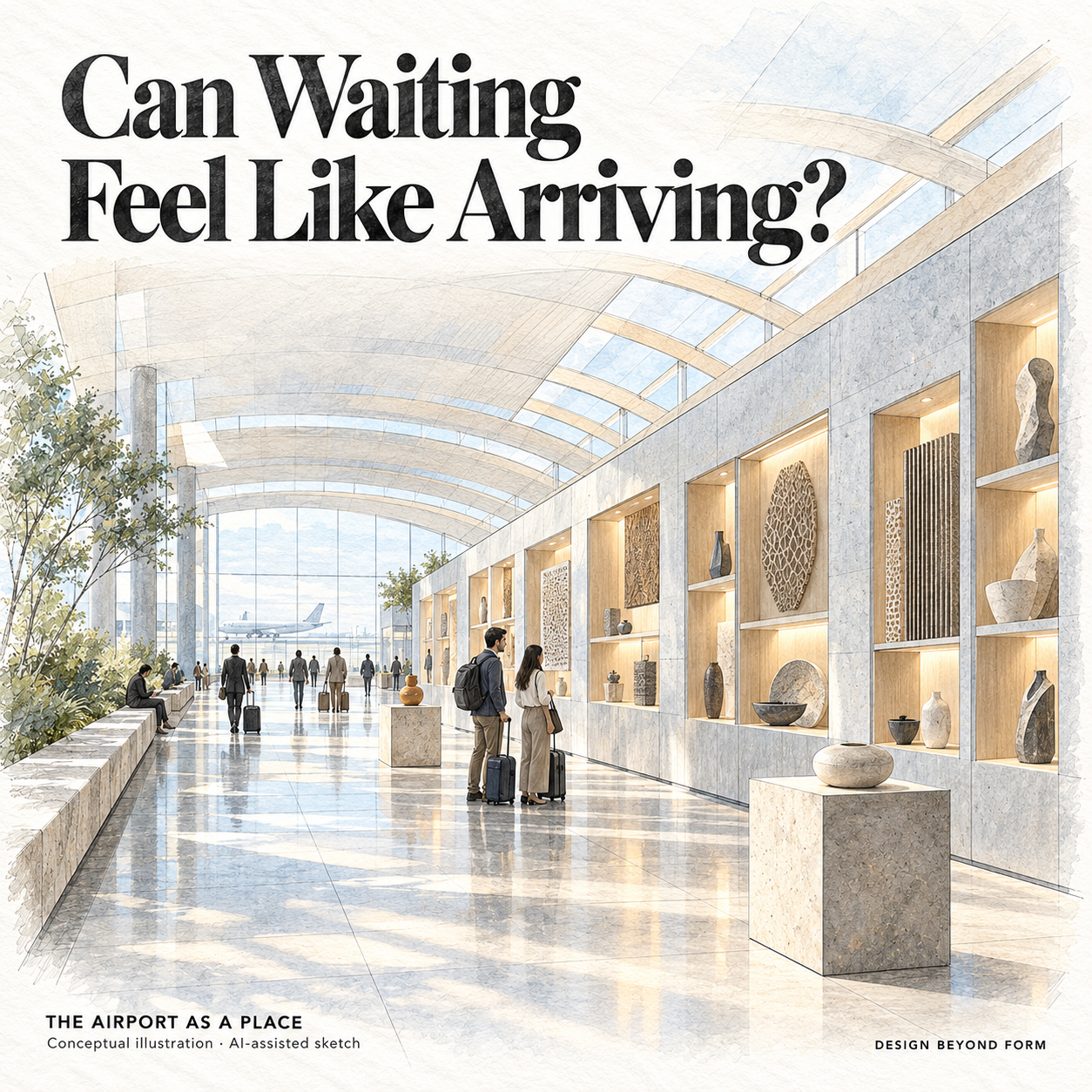 AI-assisted pastel architectural illustration for Design Beyond Form: Airport, the Destination.