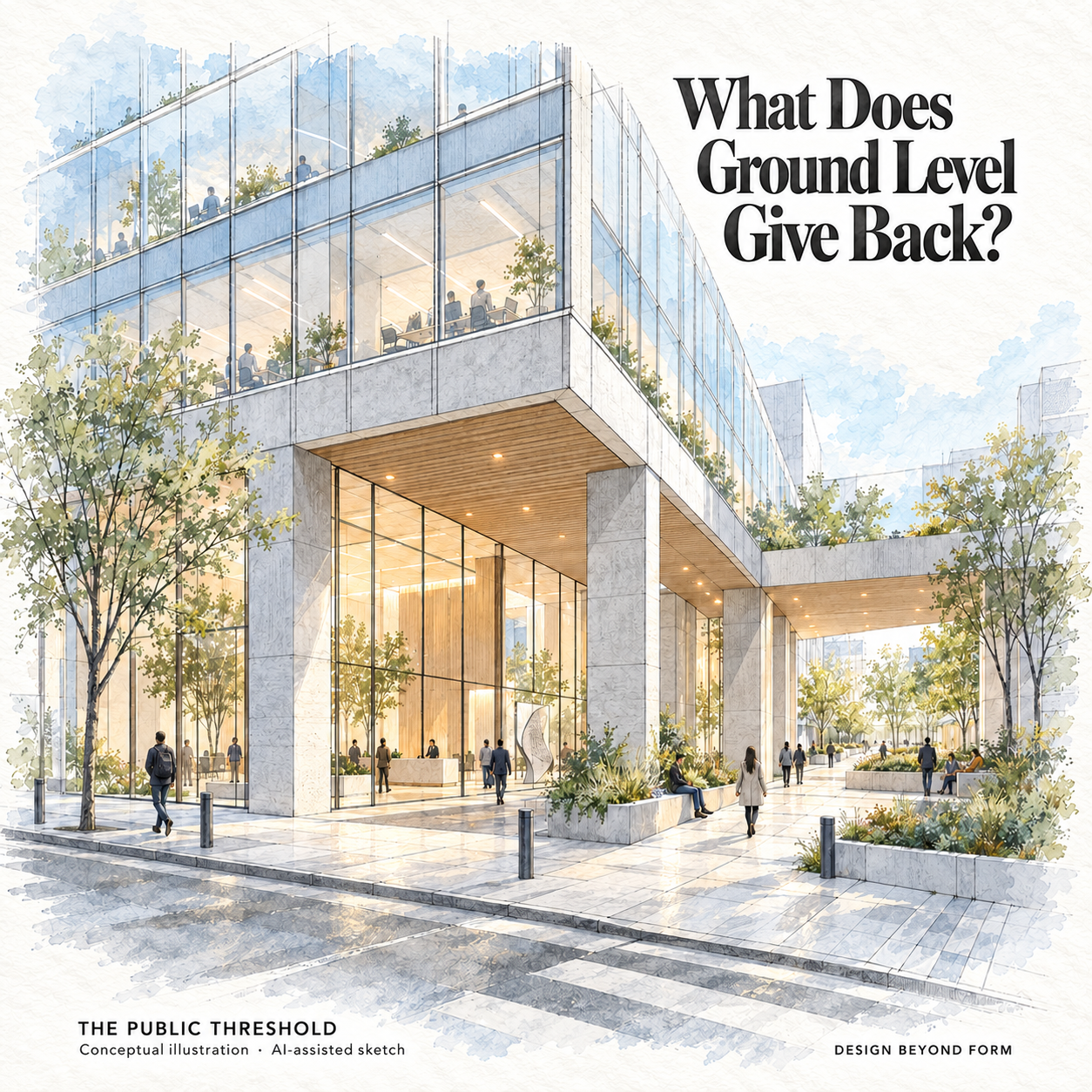 AI-assisted pastel architectural illustration for Two Towers, Two Messages: What Makes Architecture Truly Public.