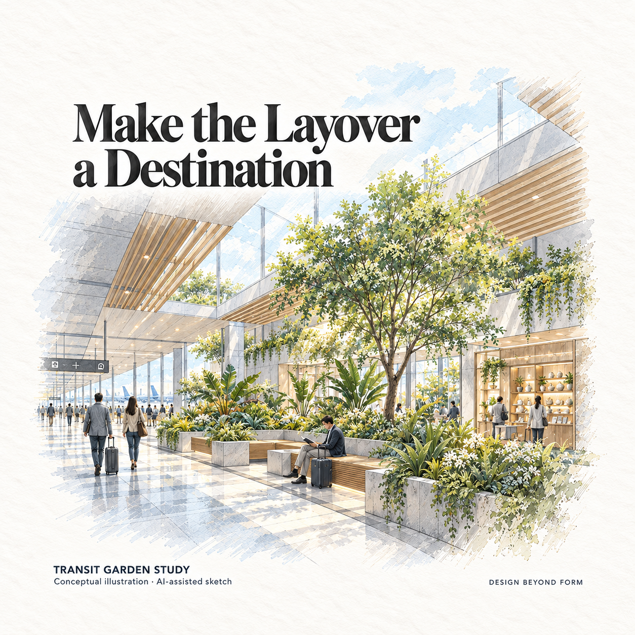 AI-assisted pastel architectural illustration for The Rise of Transit Travel: Why Airports Should Become Destinations.