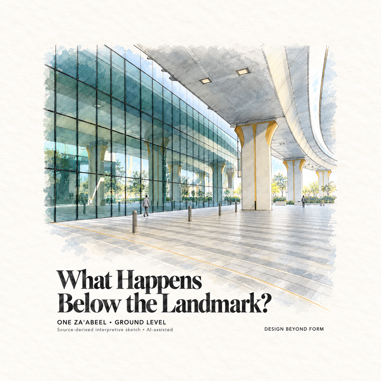 AI-assisted pastel architectural illustration for One Za’abeel: A Bold Statement, But a Missed Opportunity.