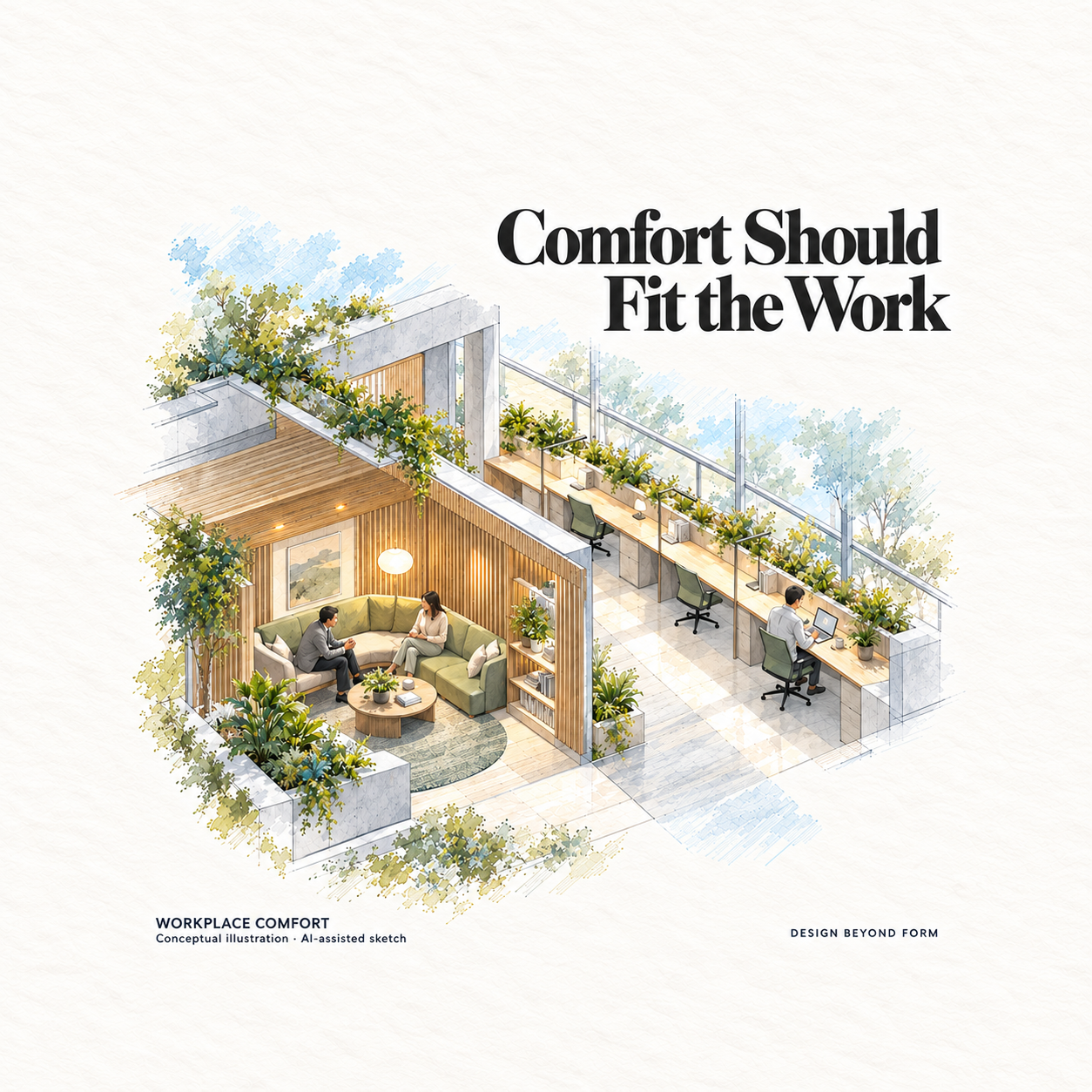 AI-assisted pastel architectural illustration for Would you prefer to work in a space that feels as cozy as home, or a typical office where shoes and formality dominate?.