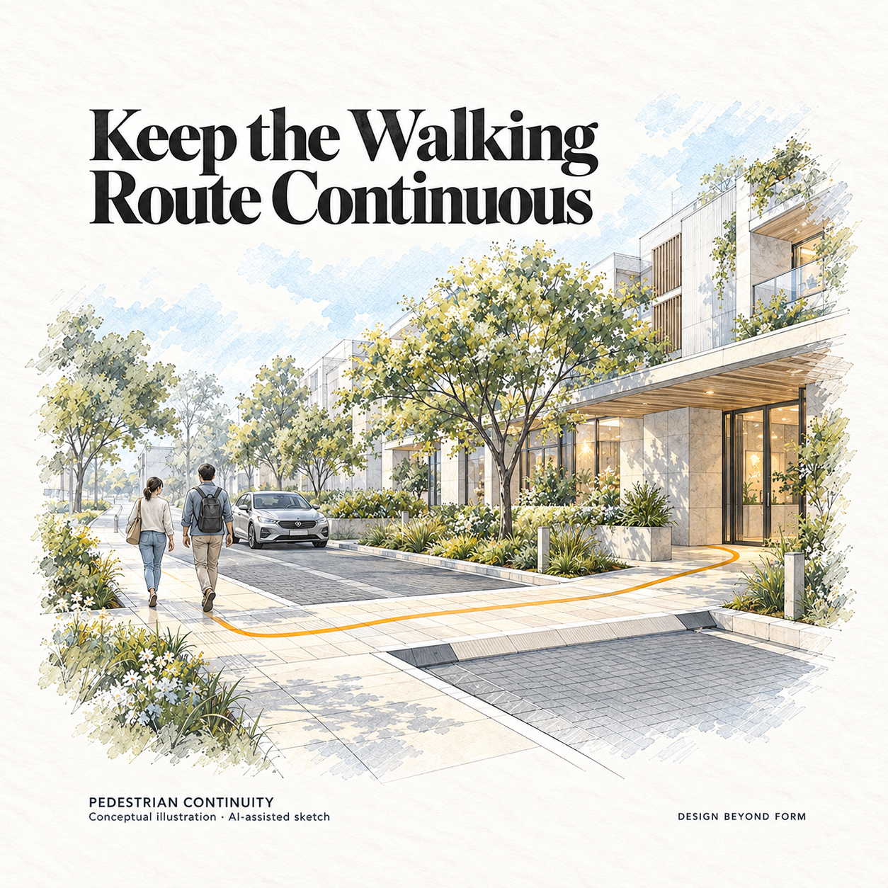 AI-assisted pastel architectural illustration for Pedestrian Crosswalks – Walk Friendly Life Is?.