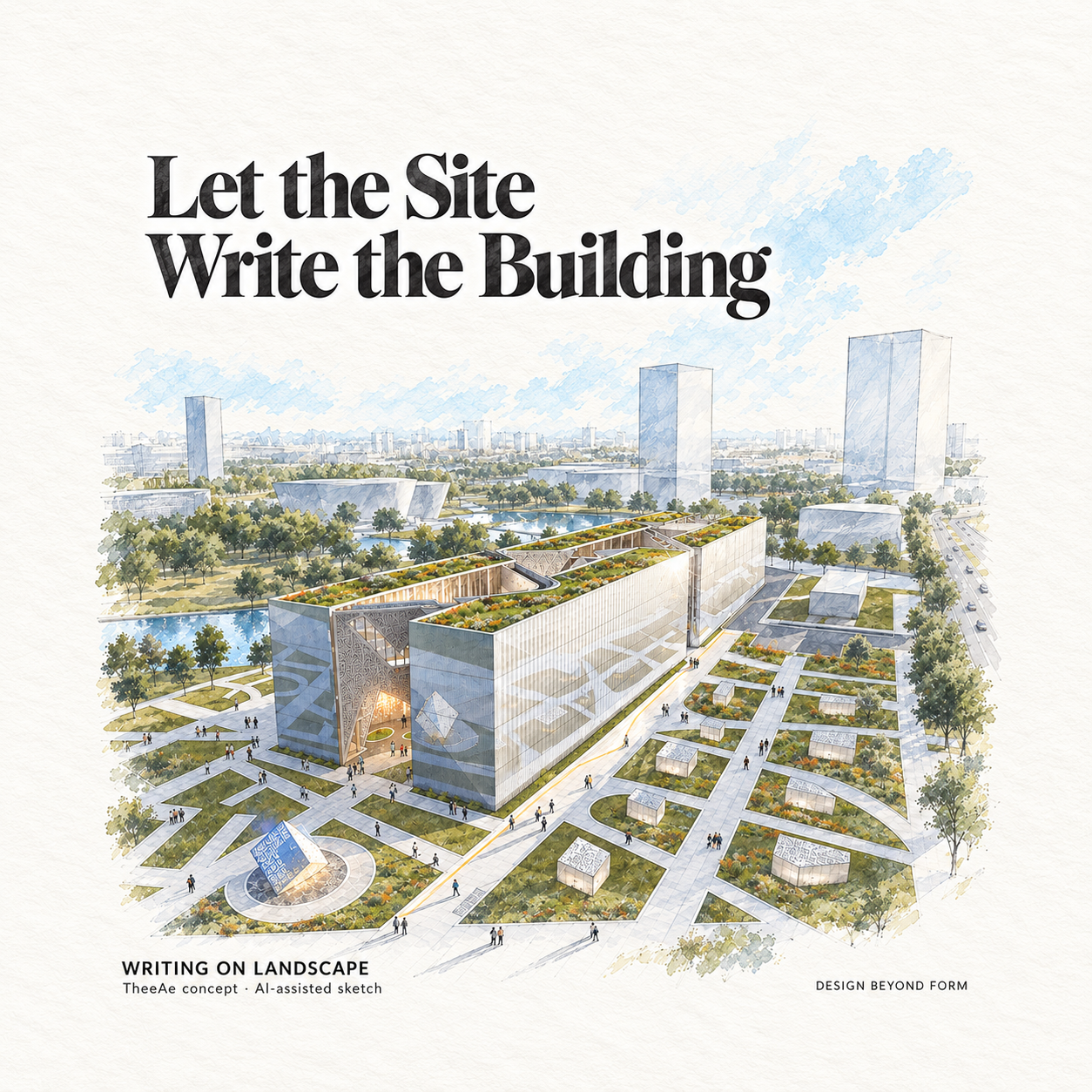 AI-assisted pastel architectural illustration for Context-Driven Design: Writing on Landscape.