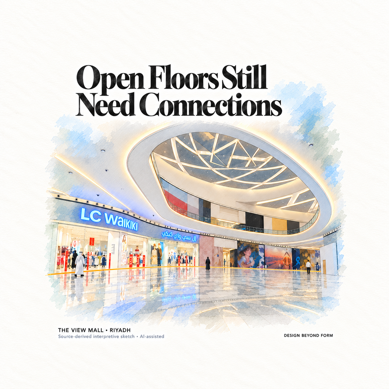 AI-assisted pastel architectural illustration for Shopping Mall Design (9) : Breaking the Flow:.