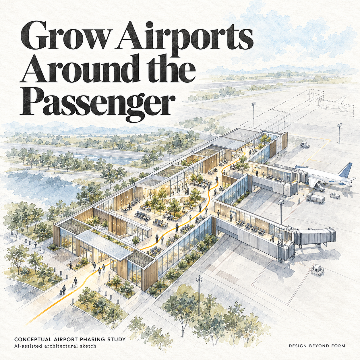 AI-assisted pastel architectural illustration for Design Critique (4): Dubai’s Airport Dilemma.