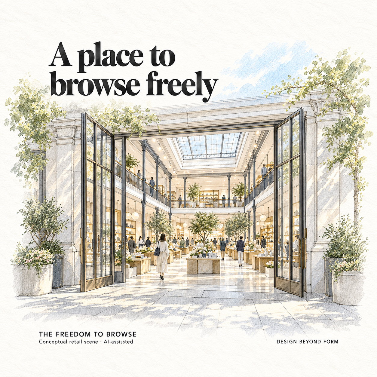 AI-assisted pastel architectural illustration for Shopping Mall Design (2).