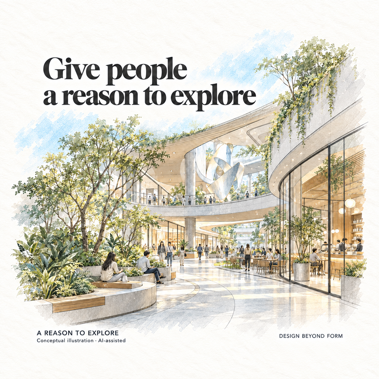 AI-assisted pastel architectural illustration for Shopping Mall Design (1): How can we create a space that draws people in?.