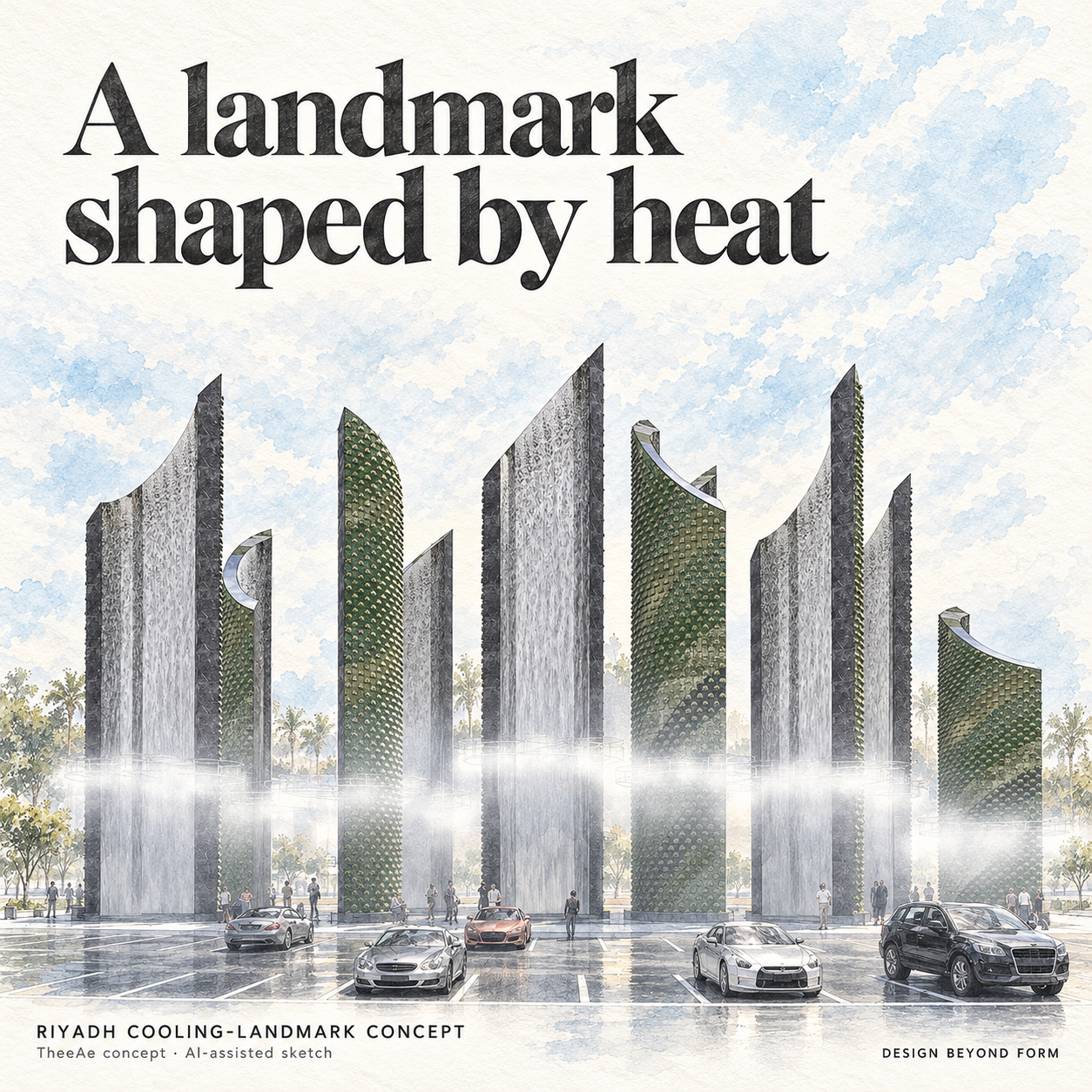 AI-assisted pastel architectural illustration for Reimagining Riyadh’s Skyline.