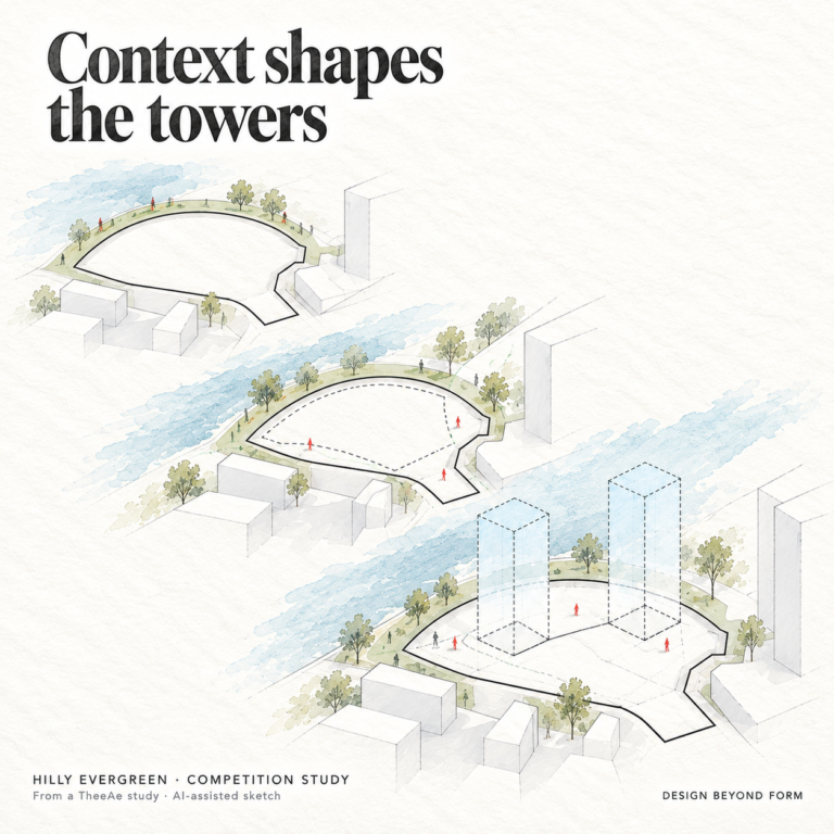 AI-assisted sketch. Graphite and pale watercolor sequence derived from three Hilly Evergreen massing studies: an open curved parcel, an inner formation zone and two dotted tower volumes. Headline: Context shapes the towers.