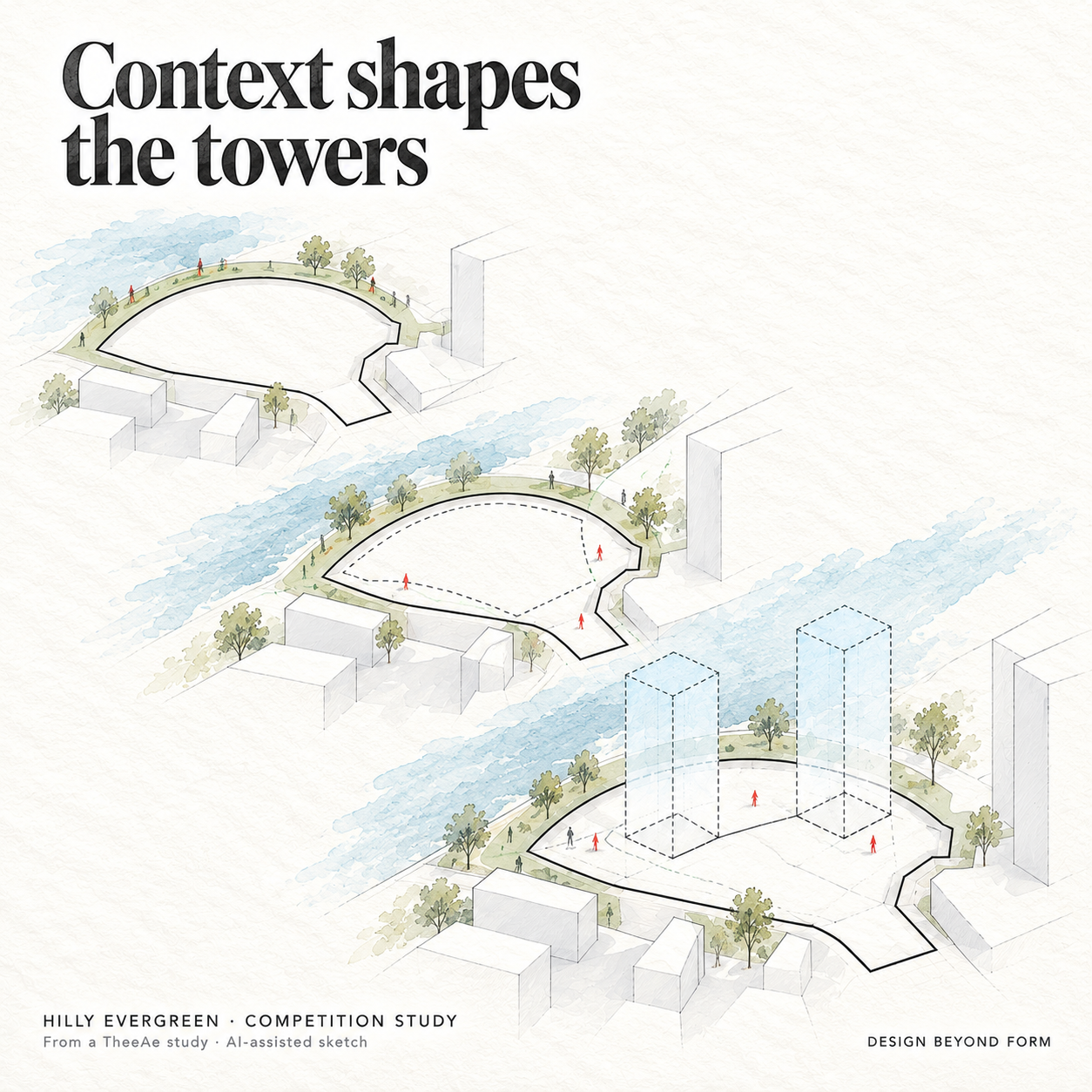 AI-assisted sketch. Graphite and pale watercolor sequence derived from three Hilly Evergreen massing studies: an open curved parcel, an inner formation zone and two dotted tower volumes. Headline: Context shapes the towers.