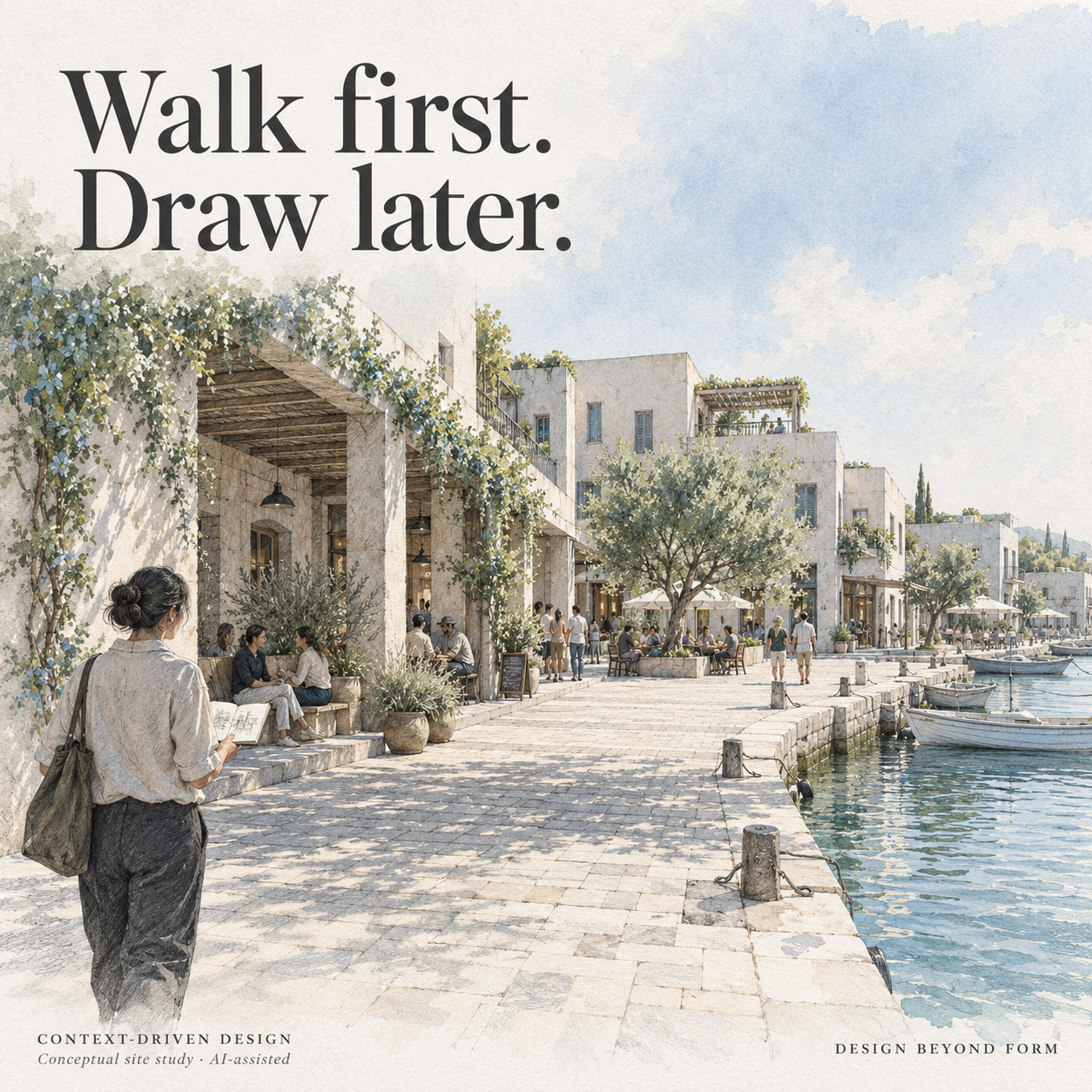 AI-assisted sketch. Original graphite and pale watercolor site-observation scene, with an anonymous architect carrying a sketchbook along a fictional waterfront pedestrian edge, looking toward shade, seating and a small square. Headline: Walk first. Draw later.