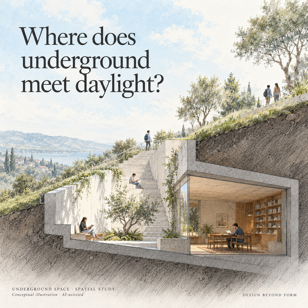 AI-assisted sketch. Original conceptual sectional sketch through a grassy hillside, showing a modest below-ground room beside an open-to-sky courtyard and stairs leading back to the surface. Headline: Where does underground meet daylight?