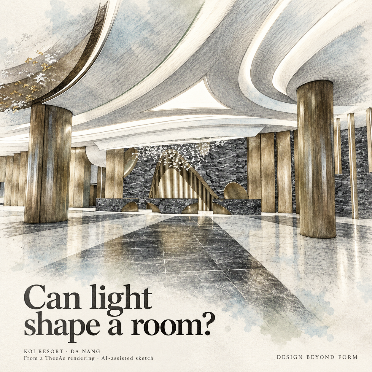 AI-assisted sketch. Square rendering-derived architectural sketch of TheeAe's Koi Resort lobby in Da Nang. Sweeping luminous ceiling curves rise above cylindrical columns, dark textured stone and bronze reception details, with pale blue and sage shading. Headline: Can light shape a room?