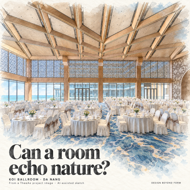 AI-assisted sketch. Architectural pencil and pastel sketch of Koi Resort ballroom in Da Nang, with an opaque branching ceiling frame, patterned upper-window screens, sea views, banquet tables and blue carpet. Headline: Can a room echo nature?