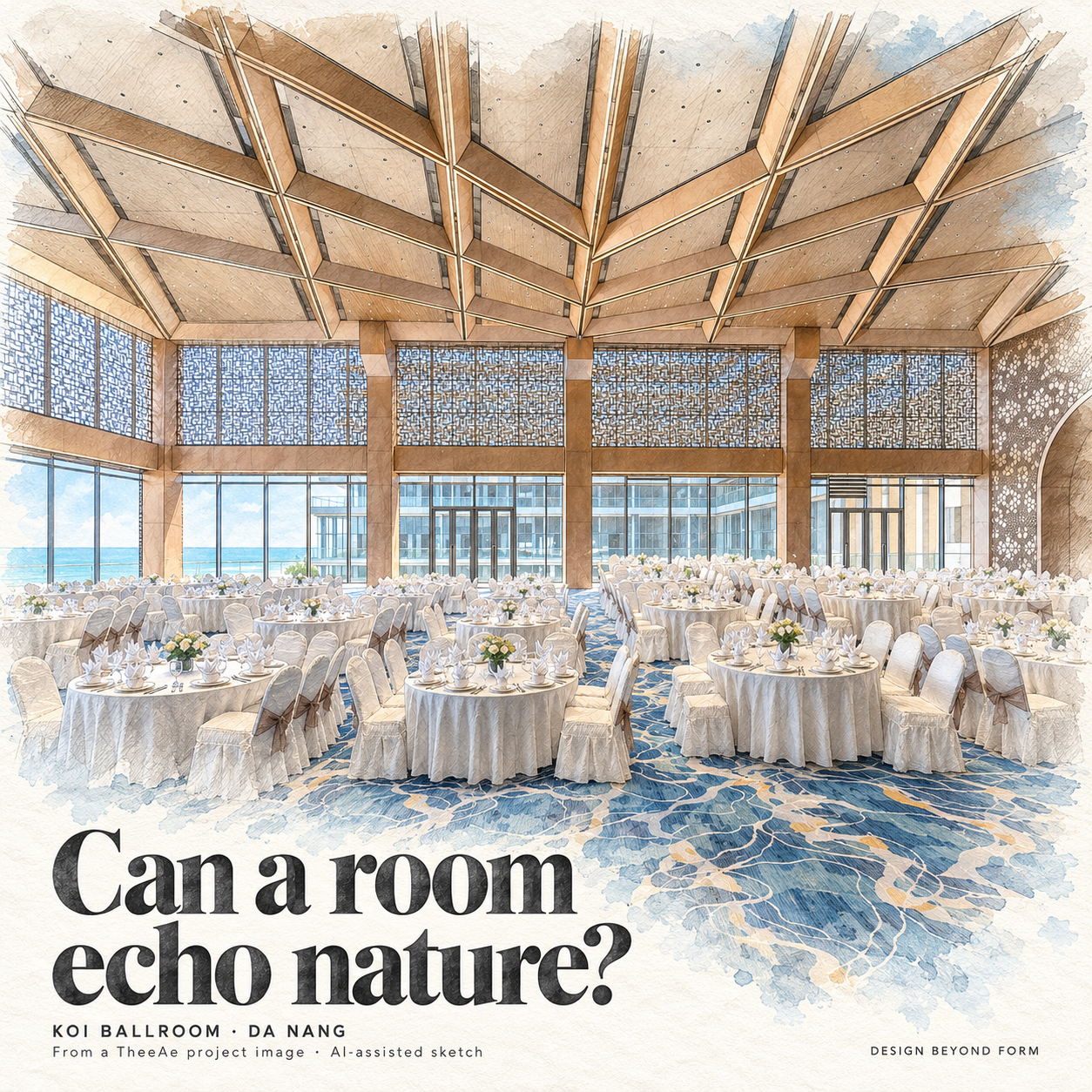 AI-assisted sketch. Architectural pencil and pastel sketch of Koi Resort ballroom in Da Nang, with an opaque branching ceiling frame, patterned upper-window screens, sea views, banquet tables and blue carpet. Headline: Can a room echo nature?