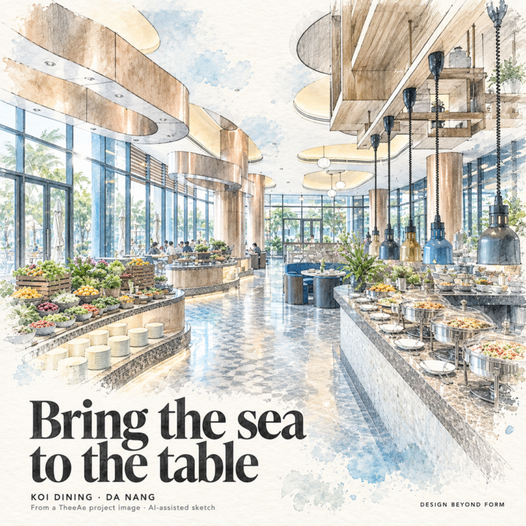 AI-assisted sketch. Graphite and pale watercolor sketch of Koi Resort all-day dining, with tall glazing on the left, curved overhead forms, buffet counters and a clear central aisle. Headline: Bring the sea to the table.