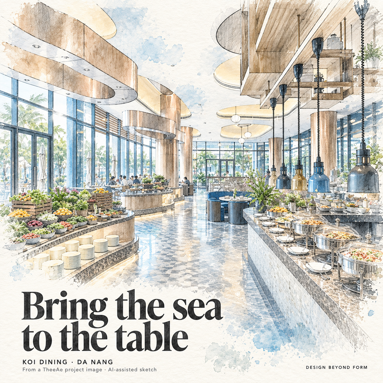 AI-assisted sketch. Graphite and pale watercolor sketch of Koi Resort all-day dining, with tall glazing on the left, curved overhead forms, buffet counters and a clear central aisle. Headline: Bring the sea to the table.
